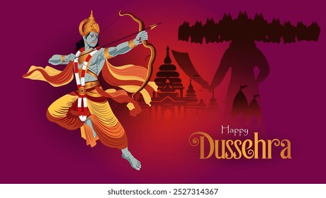   Uma saudação festiva de Dussehra com Lord Rama como um guerreiro desenhando a silhueta de seu arco de Ravana e um horizonte da cidade aparecem atrás dele. 