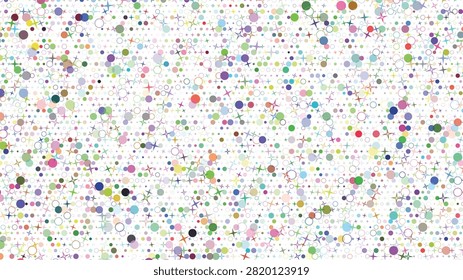 A festive and dynamic visual feast of small, varied shapes and vivid dots, creating an engaging and attractive seamless digital graphic pattern.