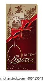Festive Easter background with basket of eggs, church, flying angel, red ribbon and bow. Happy Easter. Vector illustration