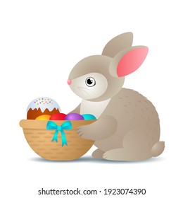festive easter banner with bunny easter bunny, basket, eggs, flowers, pussy willow and place for text. happy easter concept. vector illustration