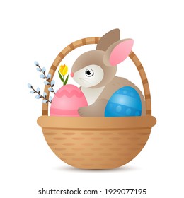 festive Easter banner with Easter bunny BUNNIV in a basket with eggs, flowers, pussy willow and place for text. happy Easter concept. vector illustration