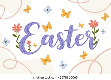 Festive Easter banner with hand-drawn lettering with delicate butterflies and vibrant red flowers on white background. Charming illustration with cute elements of spring decor. For banners, postcards.