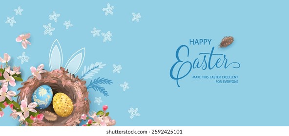 Festive Easter banner with nest and painted eggs