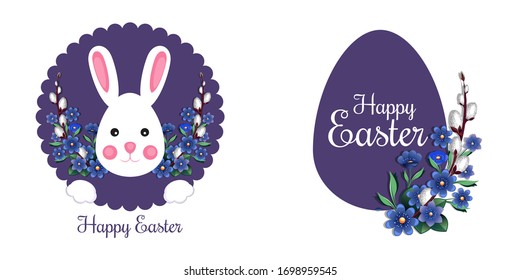 Festive easter banner set with bunny, easter egg and traditional easter greeting. Happy Easter. Vector illustration