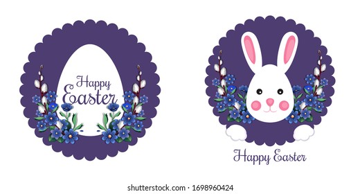 Festive easter banner set with bunny, easter egg and traditional easter greeting. Happy Easter. Vector illustration