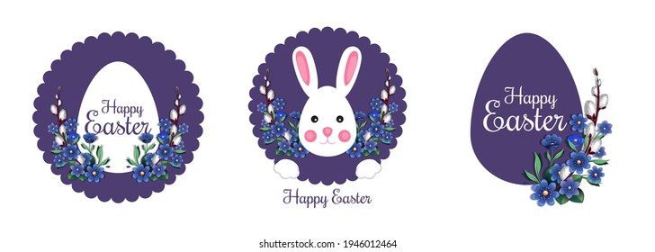Banner de Pascua festiva con tradicional saludo de Pascua. Feliz Pascua. Flores de primavera y huevo de Pascua sobre un fondo violeta redondo. Ilustración del vector