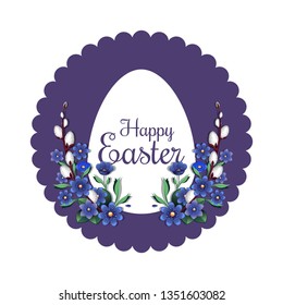 Festive easter banner with traditional easter greeting. Happy Easter. Spring flowers and easter egg on a round purple background. Vector illustration