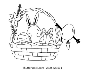 Cesta de Pascua festiva con huevos coloridos, narcisos y cintas Huevo en el carácter de las botas