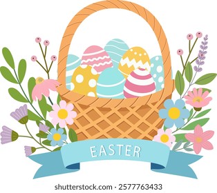 Festive Easter basket filled with Easter eggs isolated on white background. Easter design element. Vector illustration.
