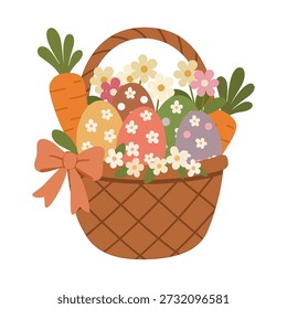 A festive Easter basket with pastel eggs, flowers, and carrots, topped with a bright orange bow, springtime joy in full bloom.