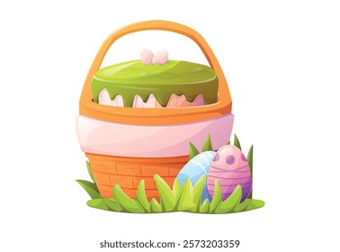 Festive Easter Basket with easter pie, Decorative Eggs and Grass. Bright and cheerful holiday vector isolated illustration, perfect for seasonal designs, greeting cards, and festive decor