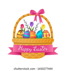 festive easter basket with a set of eggs with ornament and flowers. Bow and greeting lettering on a ribbon. Happy easter greeting card. vector illustration isolated on white background