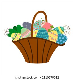 festive Easter basket with a set of eggs with ornaments and twigs of plants. Easter greeting card. vector illustration isolated on a white background