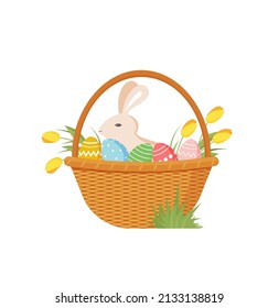 festive easter basket with a set of eggs with an ornament and flowers and bunny rabbit. Happy easter greeting card. vector illustration isolated on white background Eps 10