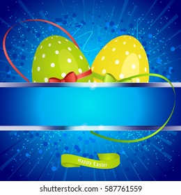 Festive Easter Blue Background with Eggs and Copy Space Banner