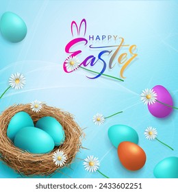 Festive Easter blue illustration, eggs in the nest and wonderful flowers.