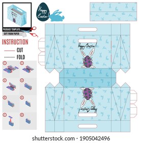 festive easter box template. rabbit hiding behind an egg.doodle vector sketch