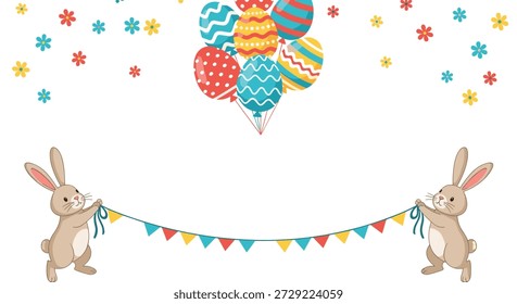Der festliche Osterhase feiert den Feiertag, indem er ein buntes buntes Banner unter dekorierten Eiern und Frühlingsblumen hält.