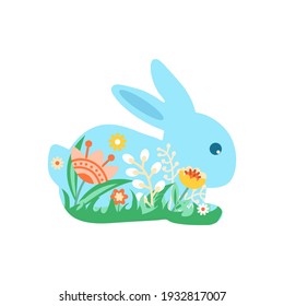 Festive Easter bunny decorated with flowers. Vector illustration of the Happy Easter icon