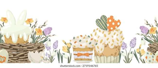 Pasteles de Pascua festivos con corazones y nidos sin bordes. Vector dibujado a mano ilustración con flores de primavera y huevos decorados para la panadería de vacaciones o tarjetas de felicitación.