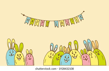 Festive Easter card with cheerful colorful bunny eggs and garland. Multicolored characters and elements on beige background. Celebration, festive, congratulation. Hand drawn vector illustration.
