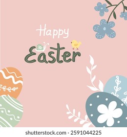  Festive Easter card with delightful pastel background adorned with vibrant decorative eggs in various patterns. A sweet little chick and playful snail add charm to the design, while floral motifs enh