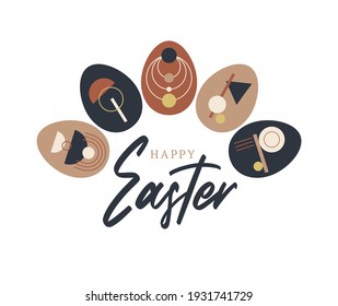 Festive Easter card with eggs decoration pattern on light background. Vector boho greeting card