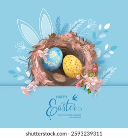 Festive Easter card with nest, hare ears and painted eggs