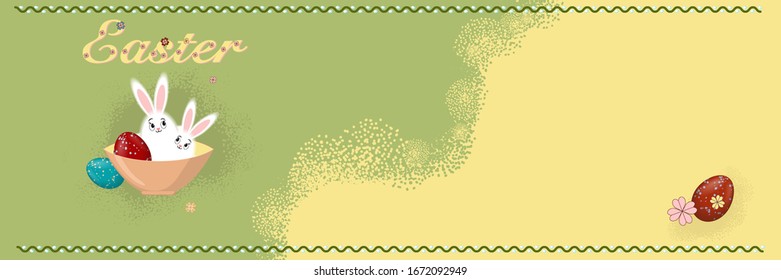 Tarjeta de Pascua festiva sobre el fondo amarillo y verde con la inscripción "Fachada de Pascua", conejitos de Pascua y flores. Ilustración vectorial de material.