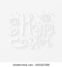 Festive Easter card. Paper cut congratulatory text with egg-shaped angels