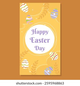 Festive Easter card with a warm yellow background, decorated with colorful eggs and botanical elements. Features Happy Easter Day in elegant typography. Ideal for holiday greetings and invitations.