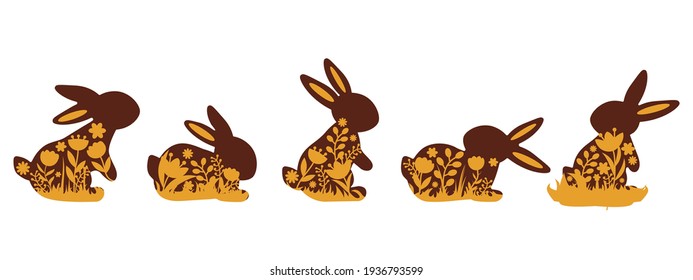 Festive Easter chocolate bunnies. Set vector illustration of a happy Easter icon