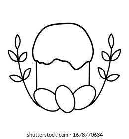 Festive easter composition. Easter cake with three eggs and two branches on a white background. Isolated object for greeting cards, coloring books, print.