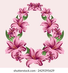 festive Easter decor, namely open pink lily buds, closed lily buds and green leaves in the shape of an Easter egg, for posters, banners or holiday cards
