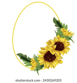 festive Easter decor, namely open yellow sunflower buds, closed sunflower buds and a round egg-shaped frame drawn with a yellow outline