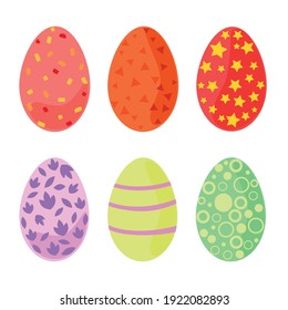 Festive Easter design, colored painted eggs with flat vector pattern, design of cards, banners, stickers 