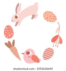 Festive Easter Design Frame With Rabbit, Eggs, Bird, Carrot, and Florals. Playful Easter-themed illustration showcasing a hopping bunny, decorative eggs, a bird, a carrot, and blossoms in pastel hues 