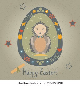 Festive Easter Egg with Cute Character in Funny Dress. From Easter Animal Collection. Creative Card. Vector Illustration.