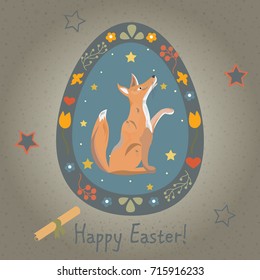 Festive Easter Egg with Cute Character of Fox. From Happy Easter Animal Collection. Creative Card. Vector Illustration.