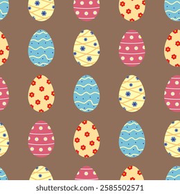 Festive Easter egg design in trendy 2025 color on warm brown background. Vector illustration. Seamless pattern. 