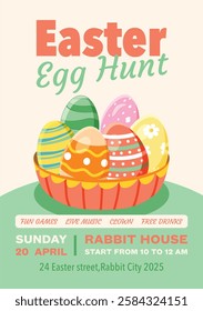 Festive Easter egg hunt event poster featuring a basket filled with colorful decorative eggs. The design includes event details such as date, location, and entertainment activities.