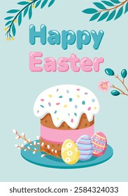 A festive Easter egg hunt poster featuring a basket filled with colorful decorative eggs. Includes event details, making it perfect for invitations, flyers, and promotional materials.