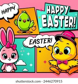 Festive Easter flyer, banner in pop art style with banny, little chick and parrot. Trendy Easter design in comics style with text cloud. Paschal poster. White comic bubble with Happy Easter word