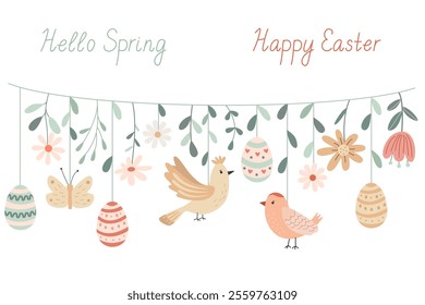 Festive Easter garland illustration  with decorated eggs, butterflies, birds and flowers in pastel colors. Perfect for greeting cards, invitations, seasonal banners, and holiday designs.  