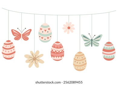 Festive Easter garland illustration with decorated eggs, butterflies, and flowers in pastel colors. Perfect for greeting cards, invitations, seasonal banners, and holiday designs. 