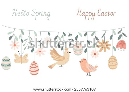 Festive Easter garland illustration  with decorated eggs, butterflies, birds and flowers in pastel colors. Perfect for greeting cards, invitations, seasonal banners, and holiday designs.  