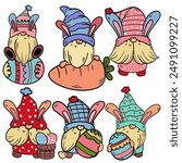 Festive Easter Gnome Cartoon Set - High-Quality Vector Artwork Featuring Various Poses and Expressions for Seasonal Decorations and Greeting Cards.