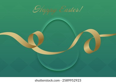 Festive Easter. A golden ribbon forms elegant waves across the design, complementing the fresh green background and symbolizing celebration and joy.