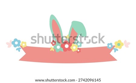 A festive Easter graphic featuring cute bunny ears adorned with a garland of colorful flowers and a blank ribbon for text