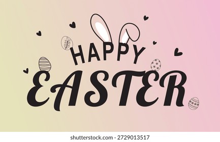 A festive Easter greeting with bunny ears, hearts, and a bee on a pastel background